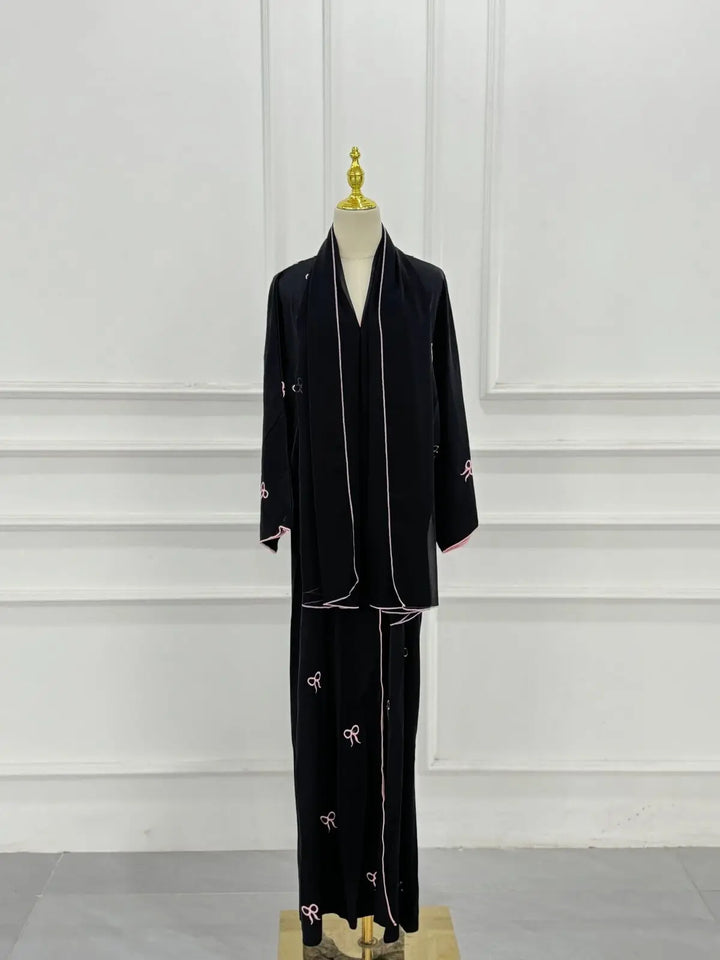 Women’s Open Abaya | Elegant Bow Embroidery Scarf Option Design