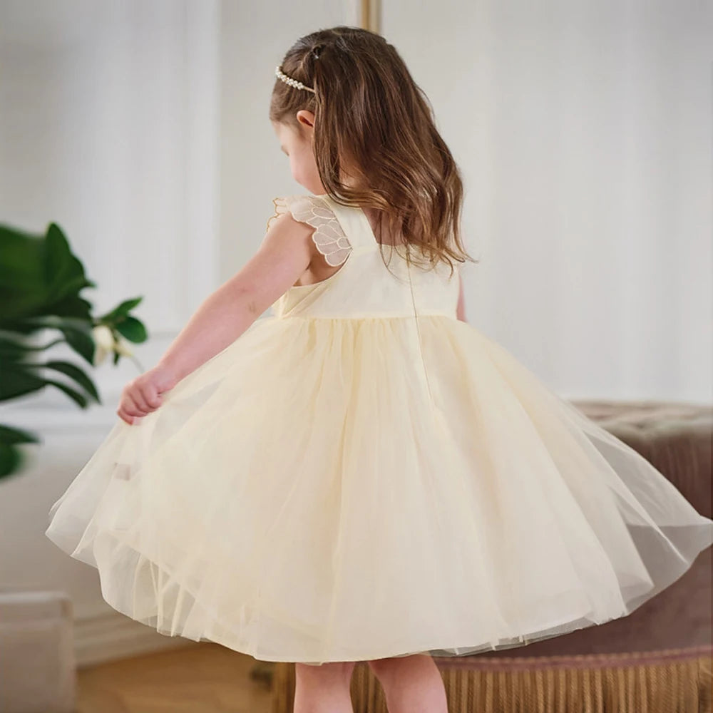Girls Light Yellow Embroidered Mesh Dress