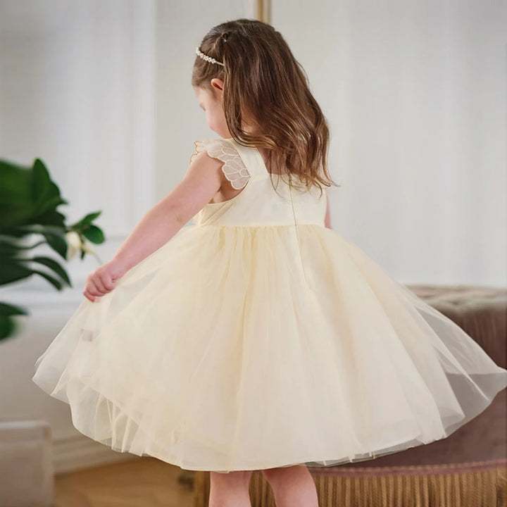 Girls Light Yellow Embroidered Mesh Dress