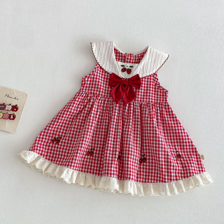 Girls Cherry Embroidered Check Dress