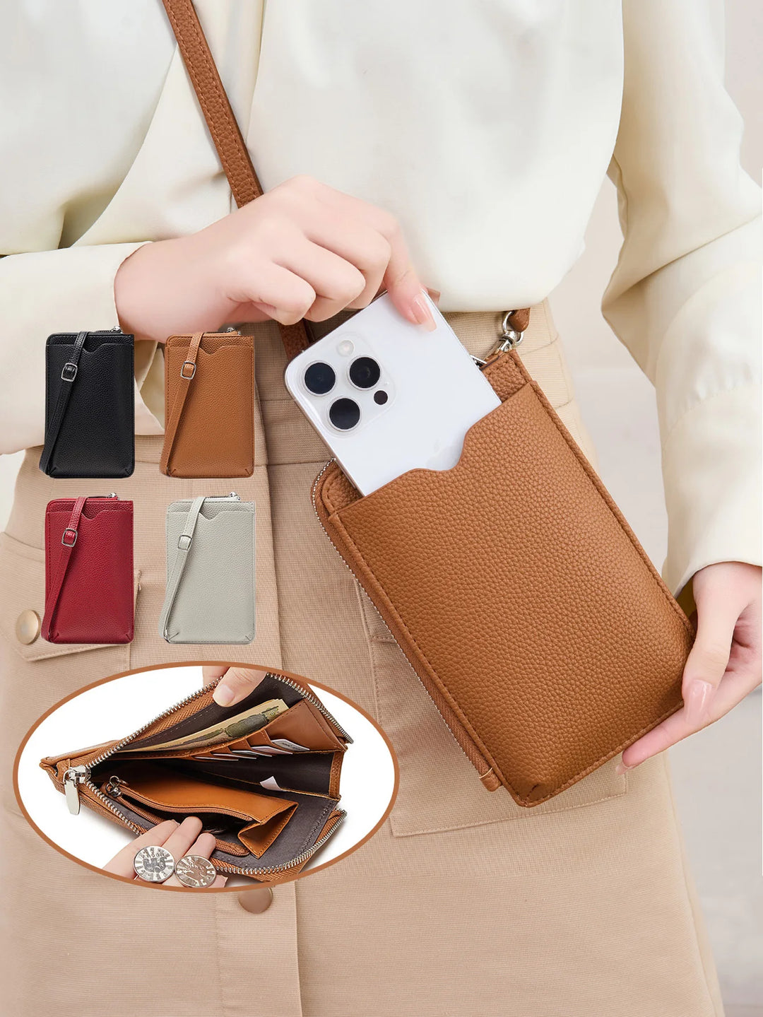 Women’s Litchi Pattern Crossbody Phone Bag | حقيبة هاتف نسائية كروس بودي بنقشة جلدية