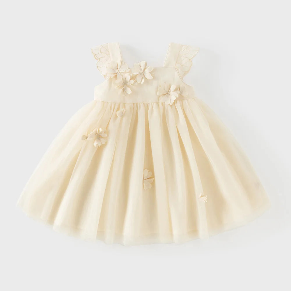 Girls Light Yellow Embroidered Mesh Dress