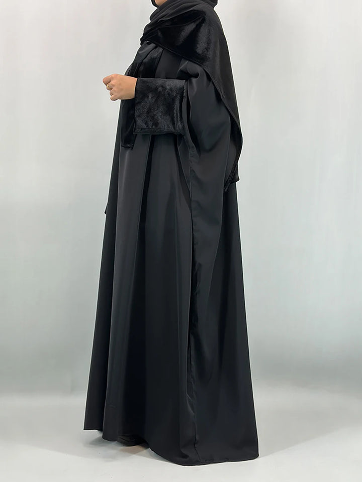 Black Abaya – Nida Fabric with Velvet Details