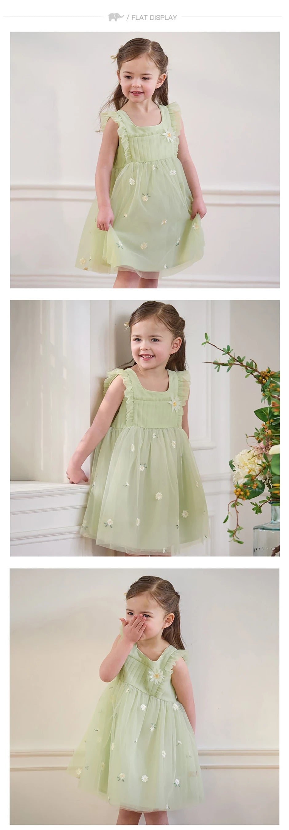 Girls Green Embroidered Mesh Dress