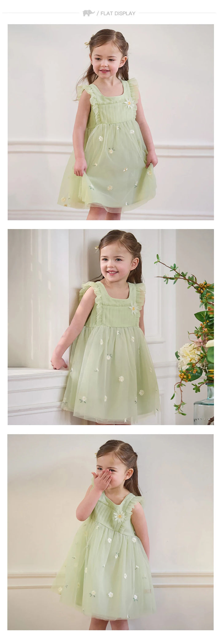 Girls Green Embroidered Mesh Dress