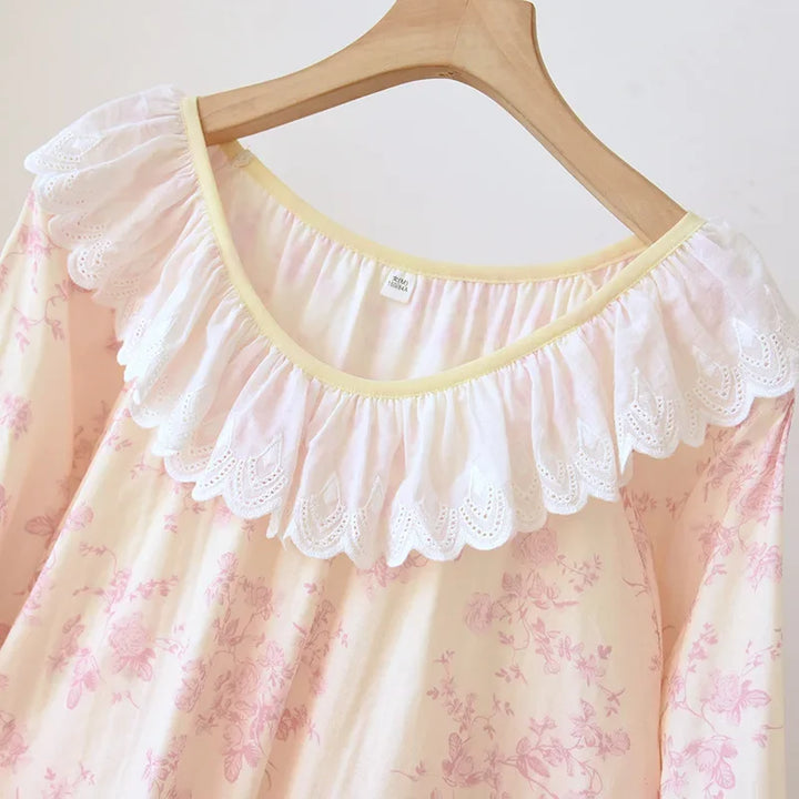 Women’s Pure Cotton Gauze Sleep Dress | جلابية بيت قطنية ناعمة بحافة دانتيل