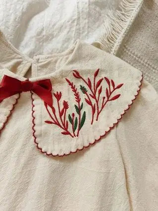 Girls Beige Embroidered Peter Pan Dress