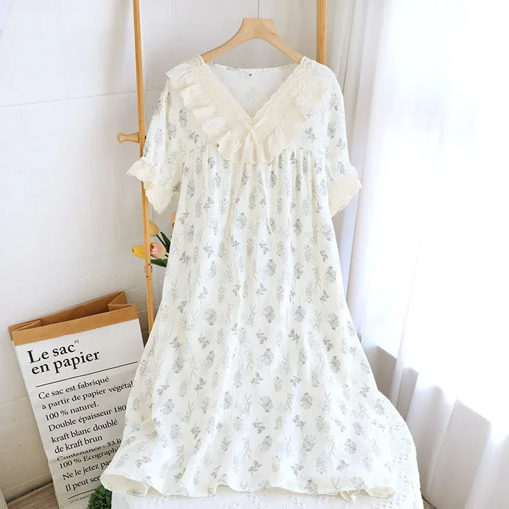 Women’s Cotton Gauze Sleep Dress | جلابية قطنية صيفية للبيت - Lace Trim