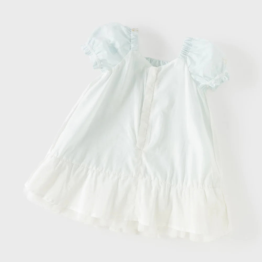 Girls Light Blue Printed Mesh Dress