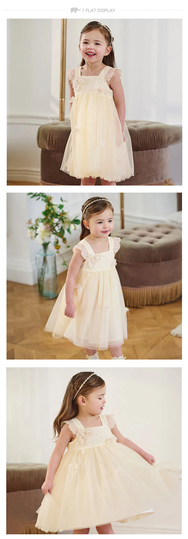 Girls Light Yellow Embroidered Mesh Dress