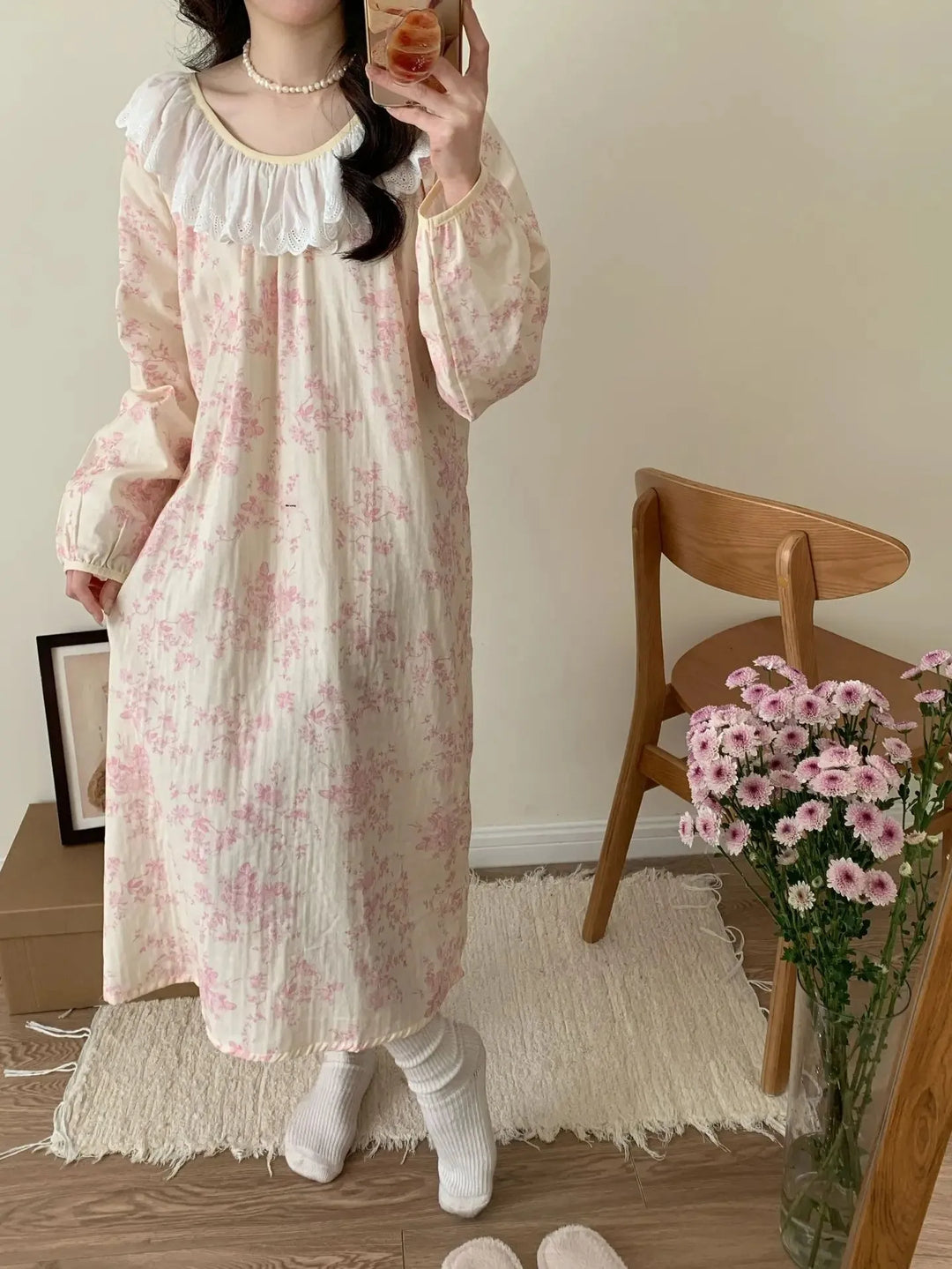 Women’s Pure Cotton Gauze Sleep Dress | جلابية بيت قطنية ناعمة بحافة دانتيل