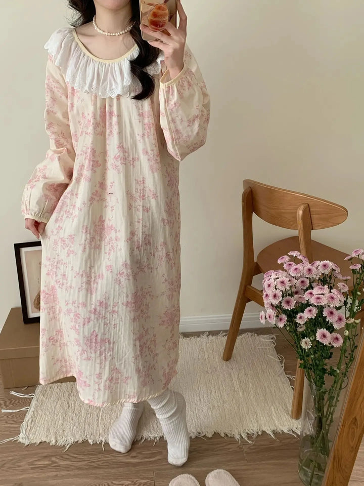 Women’s Pure Cotton Gauze Sleep Dress | جلابية بيت قطنية ناعمة بحافة دانتيل