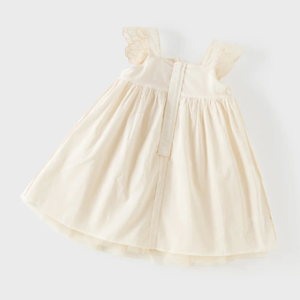 Girls Light Yellow Embroidered Mesh Dress
