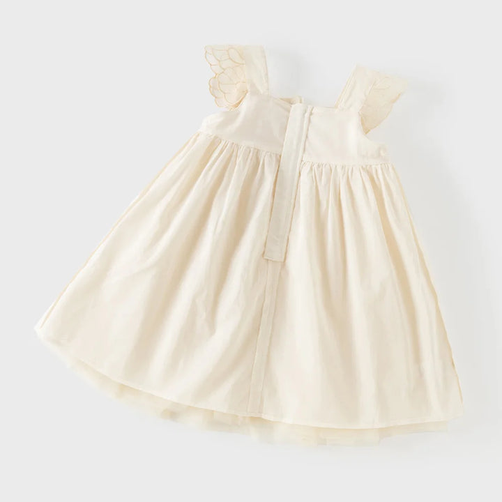 Girls Light Yellow Embroidered Mesh Dress