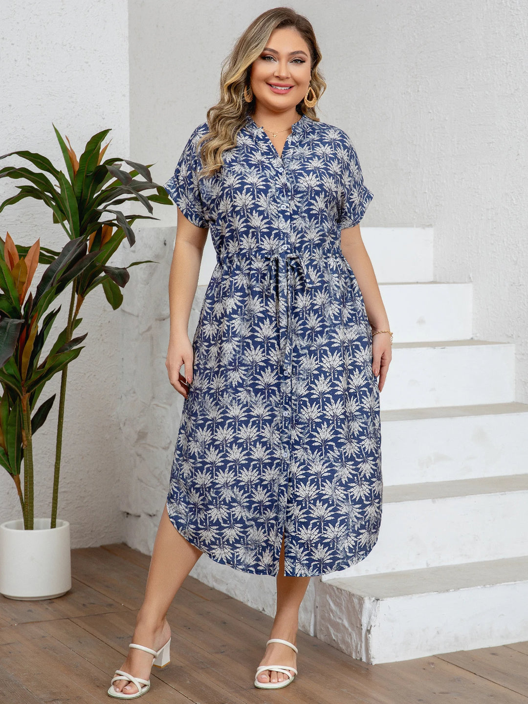 Women’s Plus Size Plant Print Lounge Dress | فستان بيت صيفي واسع - Blue