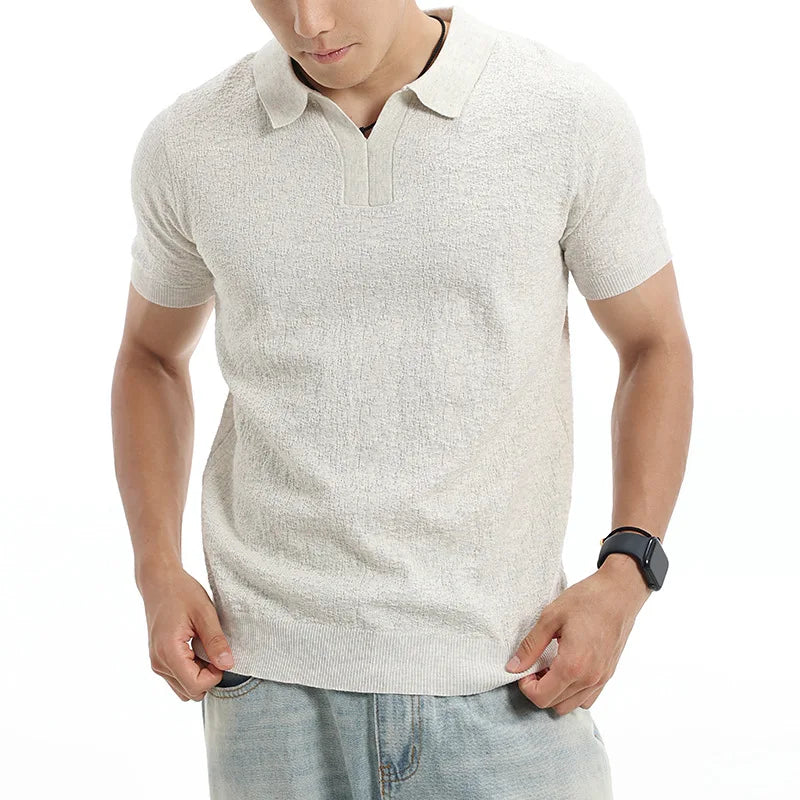 Men’s Textured Knit V-Neck Polo Shirt