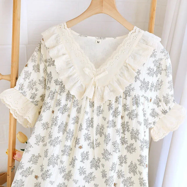 Women’s Cotton Gauze Sleep Dress | جلابية قطنية صيفية للبيت - Lace Trim