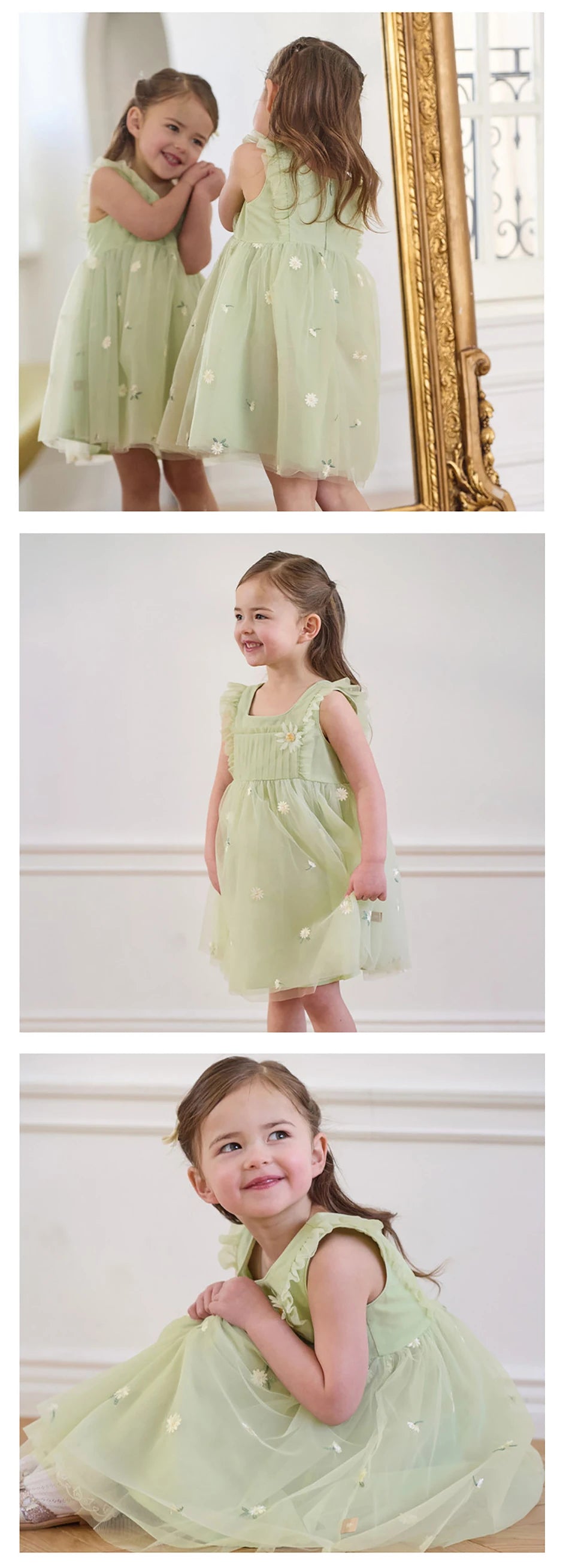 Girls Green Embroidered Mesh Dress