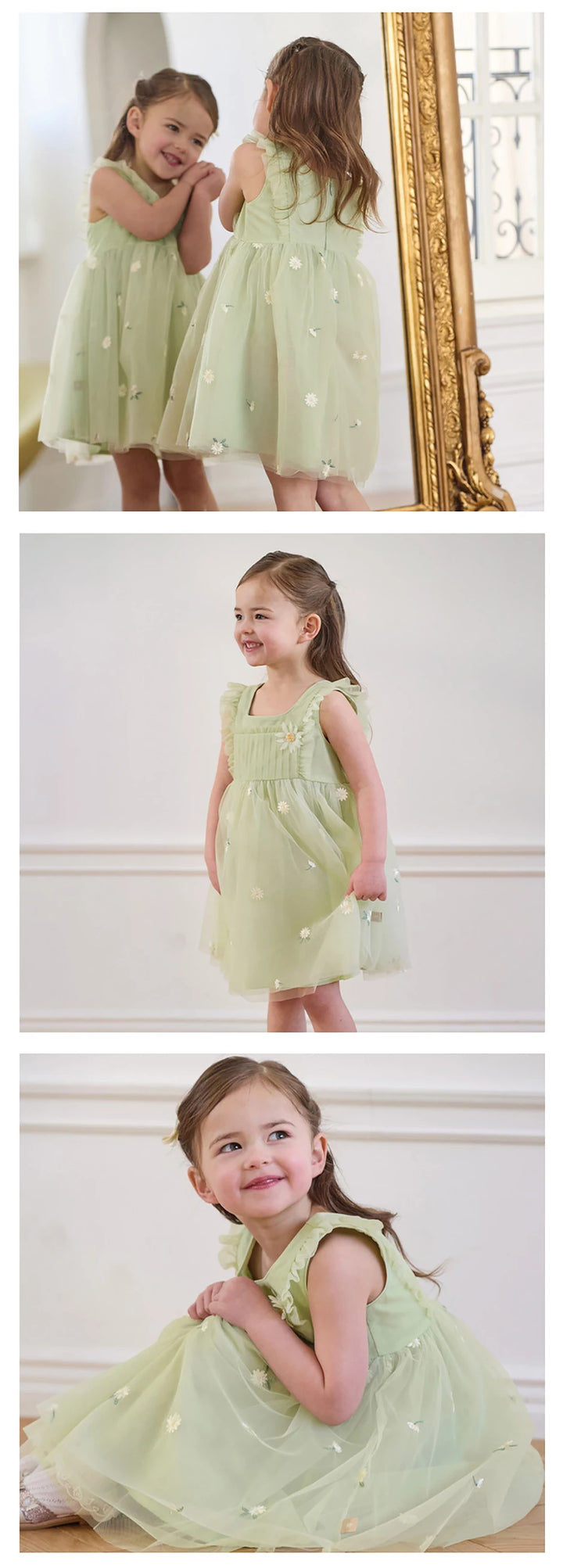 Girls Green Embroidered Mesh Dress