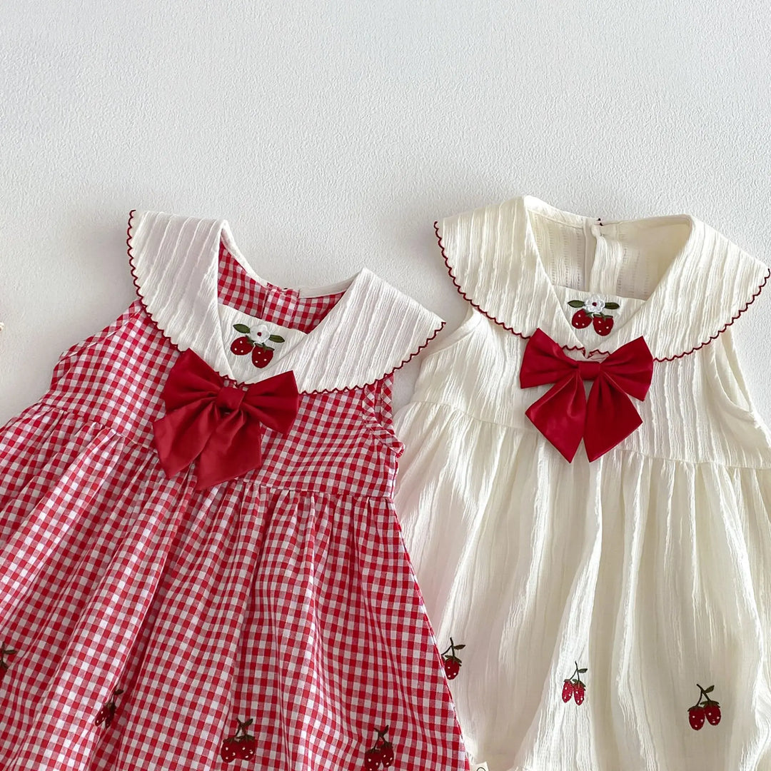Girls Cherry Embroidered Check Dress