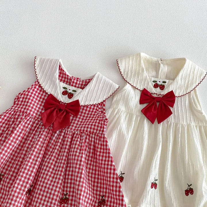 Girls Cherry Embroidered Check Dress