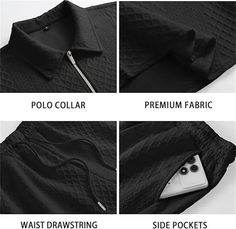 Men’s Jacquard Half-Zip Polo & Shorts Set | طقم رجالي بولو جاكار بسحاب وشورت