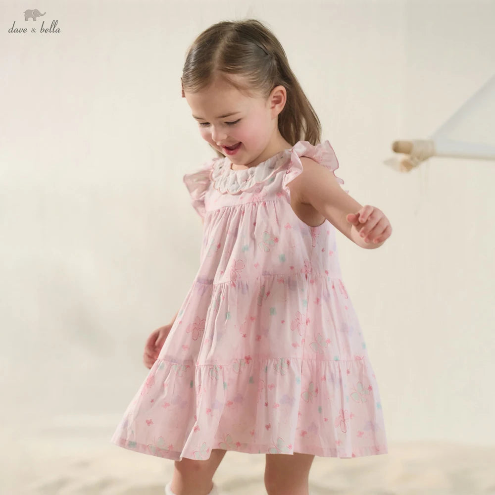 Girls Pink Butterfly Print Mesh Dress