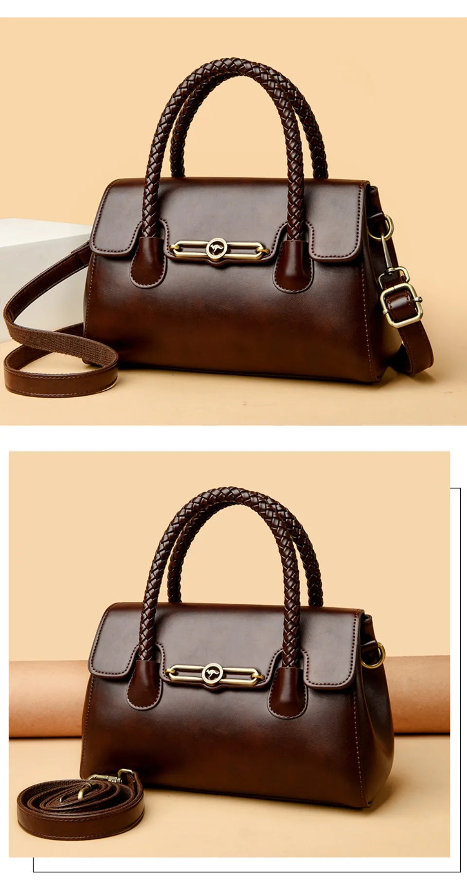 Women’s Woven-Handle Leather Handbag | حقيبة جلد نسائية بمقبض منسوج