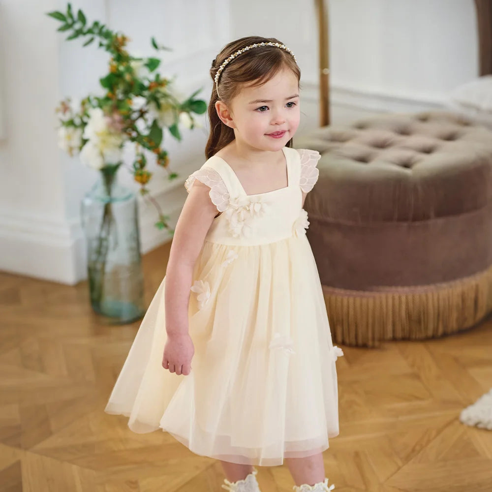 Girls Light Yellow Embroidered Mesh Dress