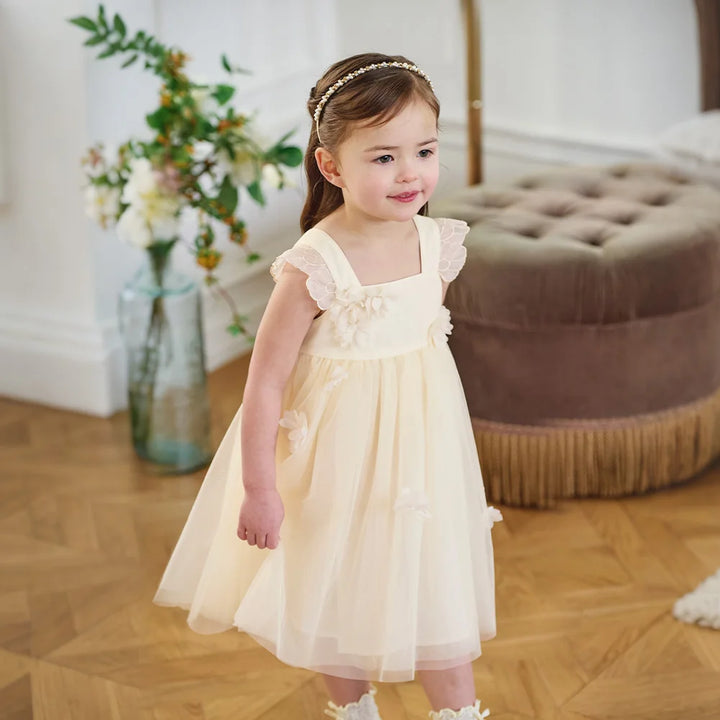 Girls Light Yellow Embroidered Mesh Dress