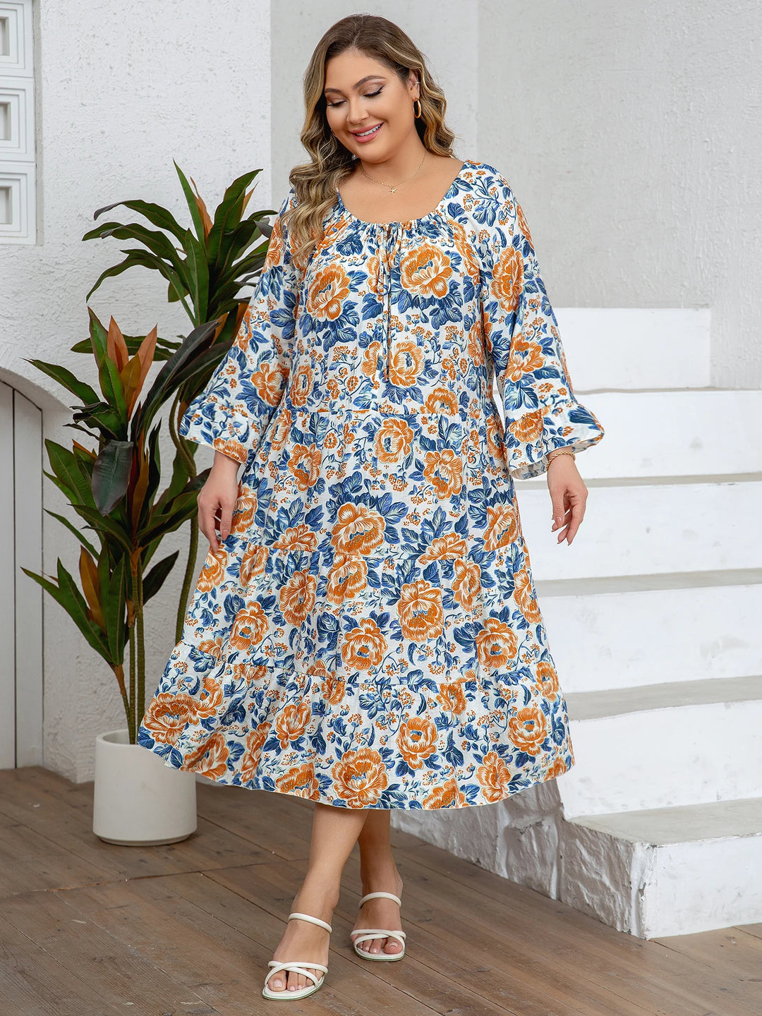 Women’s Plus Size Floral Lounge Dress | فستان بيت صيفي واسع - Orange