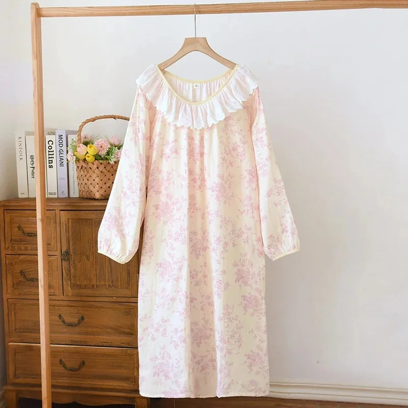 Women’s Pure Cotton Gauze Sleep Dress | جلابية بيت قطنية ناعمة بحافة دانتيل
