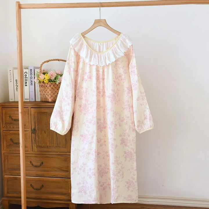 Women’s Pure Cotton Gauze Sleep Dress | جلابية بيت قطنية ناعمة بحافة دانتيل