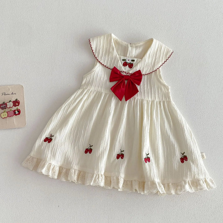 Girls Cherry Embroidered Check Dress