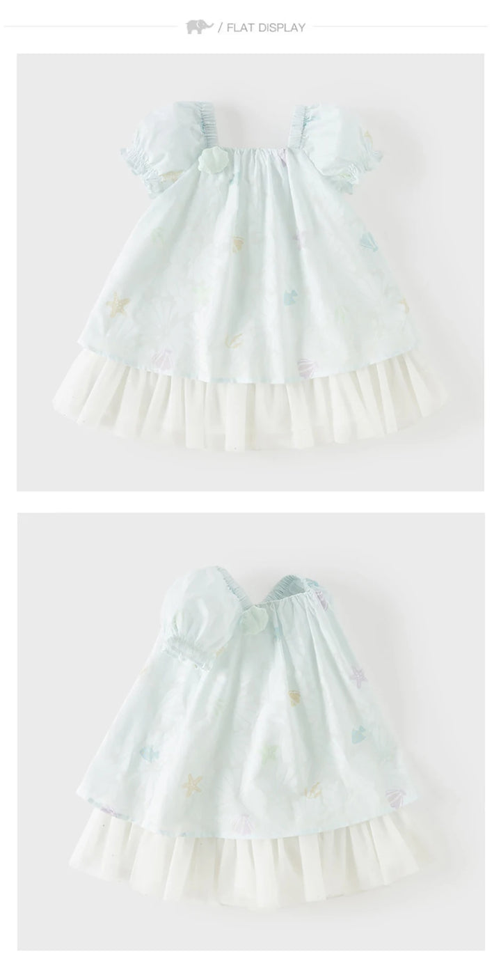 Girls Light Blue Printed Mesh Dress