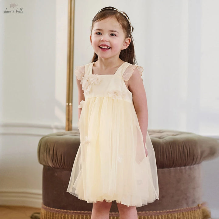 Girls Light Yellow Embroidered Mesh Dress