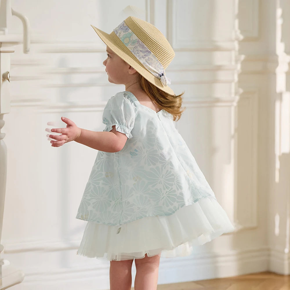Girls Light Blue Printed Mesh Dress