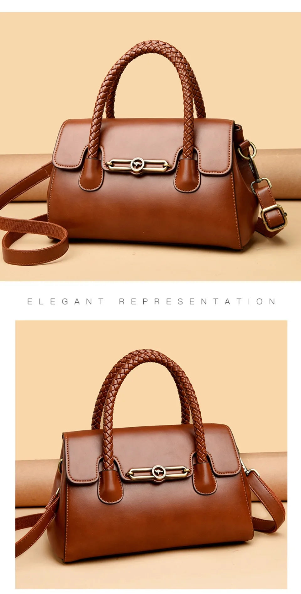 Women’s Woven-Handle Leather Handbag | حقيبة جلد نسائية بمقبض منسوج