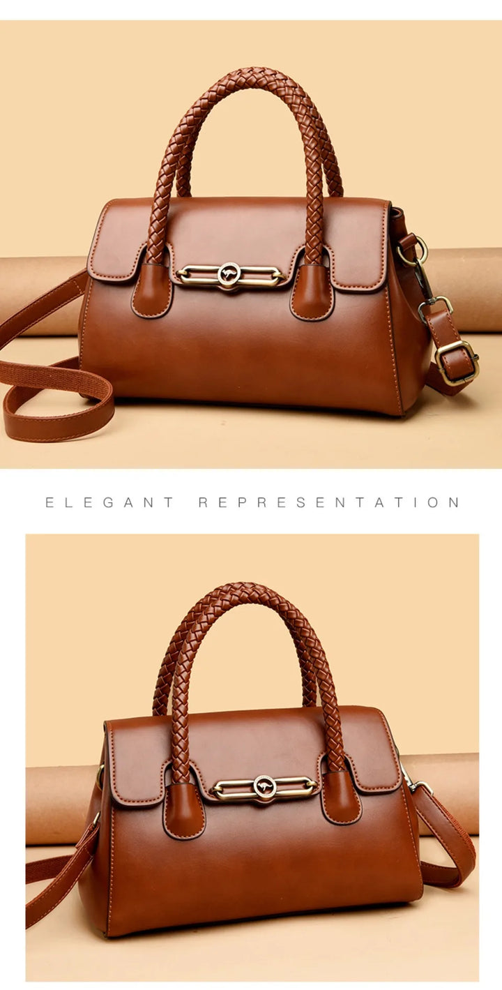 Women’s Woven-Handle Leather Handbag | حقيبة جلد نسائية بمقبض منسوج