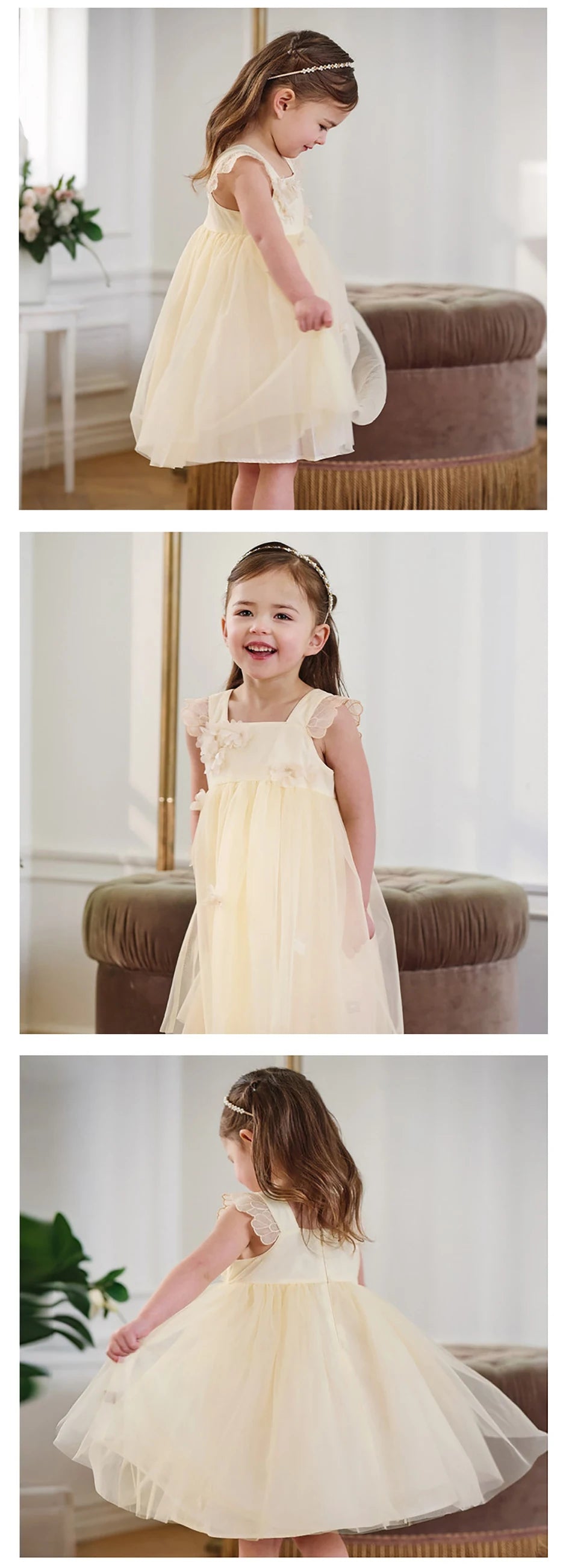 Girls Light Yellow Embroidered Mesh Dress