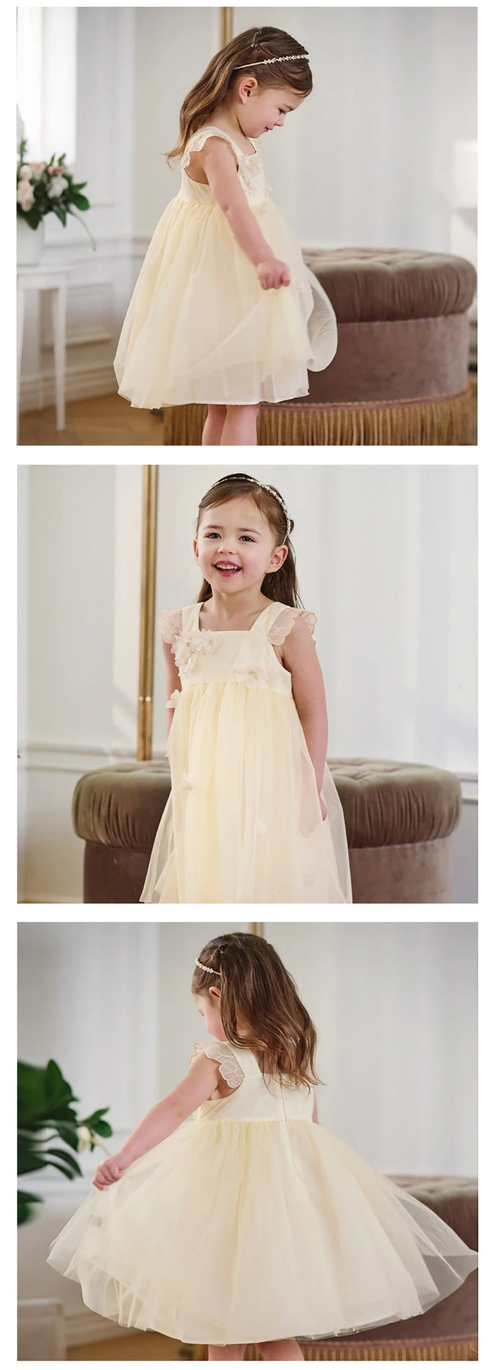 Girls Light Yellow Embroidered Mesh Dress