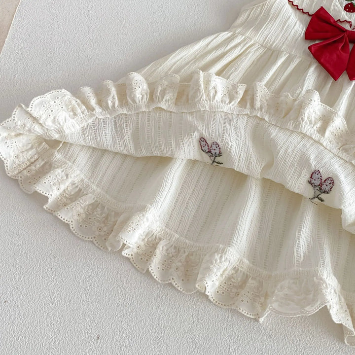 Girls Cherry Embroidered Check Dress