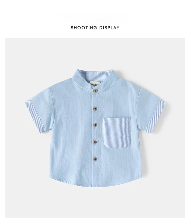 Boys’ 2T–6T Striped Mandarin Collar Shirt | قميص أطفال مخطط بياقة ماندارين لعمر ٢–٦ سنوات