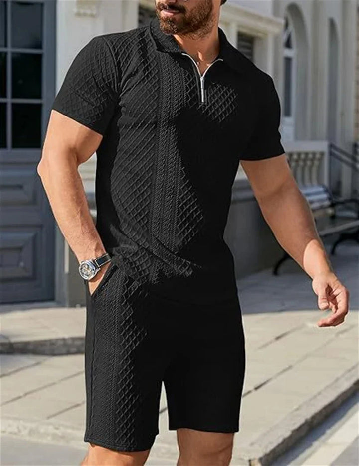 Men’s Jacquard Half-Zip Polo & Shorts Set | طقم رجالي بولو جاكار بسحاب وشورت