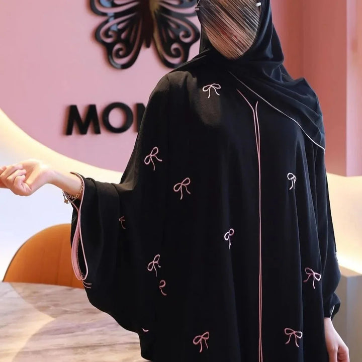 Women’s Open Abaya | Elegant Bow Embroidery Scarf Option Design