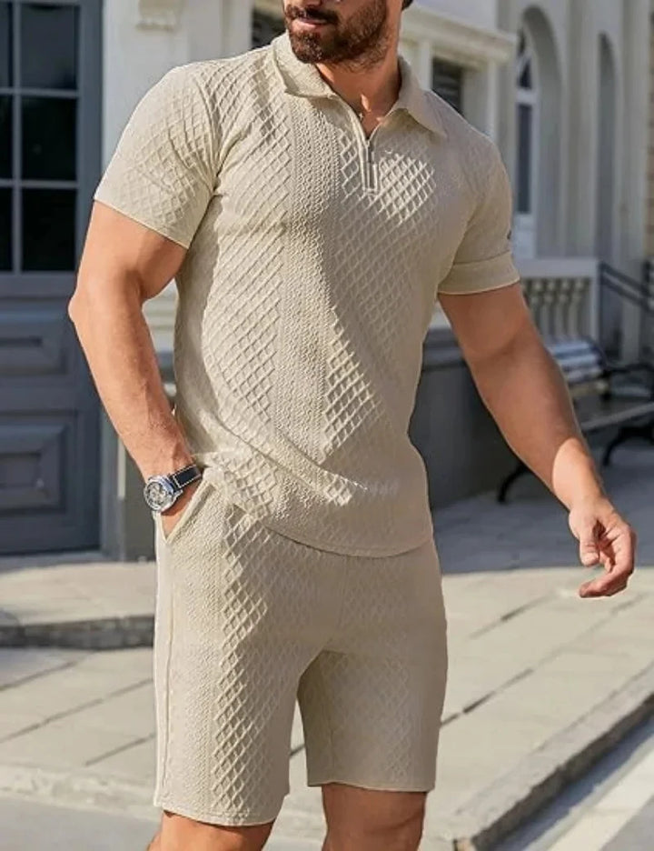 Men’s Jacquard Half-Zip Polo & Shorts Set | طقم رجالي بولو جاكار بسحاب وشورت