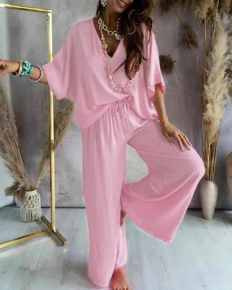Women’s Casual 2-Piece Set | V-Neck Bat Sleeve Top & Wide-Leg Pants