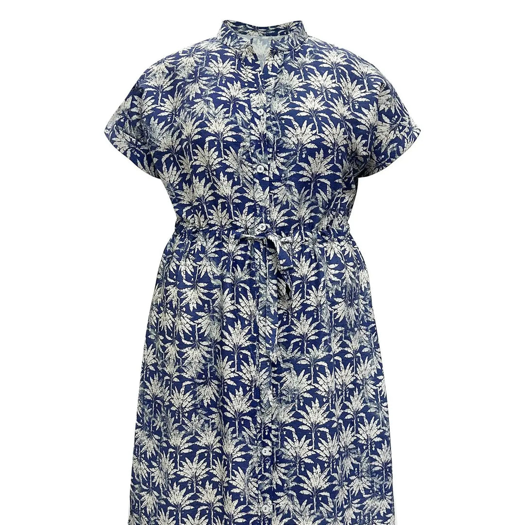 Women’s Plus Size Plant Print Lounge Dress | فستان بيت صيفي واسع - Blue