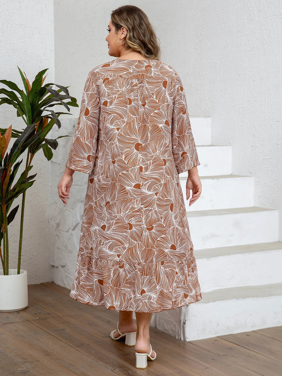 Women’s Plus Size Floral Lounge Dress | فستان بيت صيفي واسع - Brown