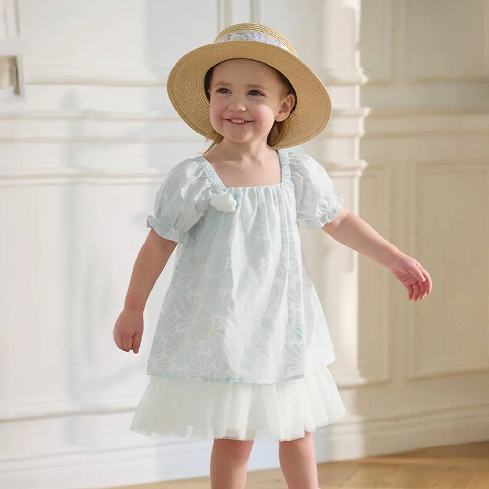 Girls Light Blue Printed Mesh Dress